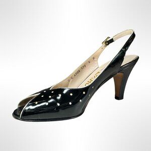 Ferragamo Black Leather Peep Toe Slings, Size 5, very good condition